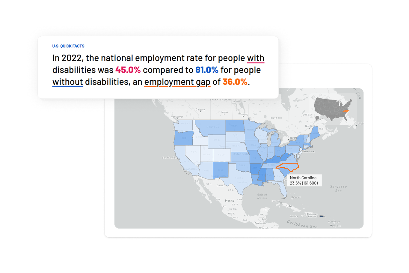 A choropleth map showing poverty rate in each state of the US.