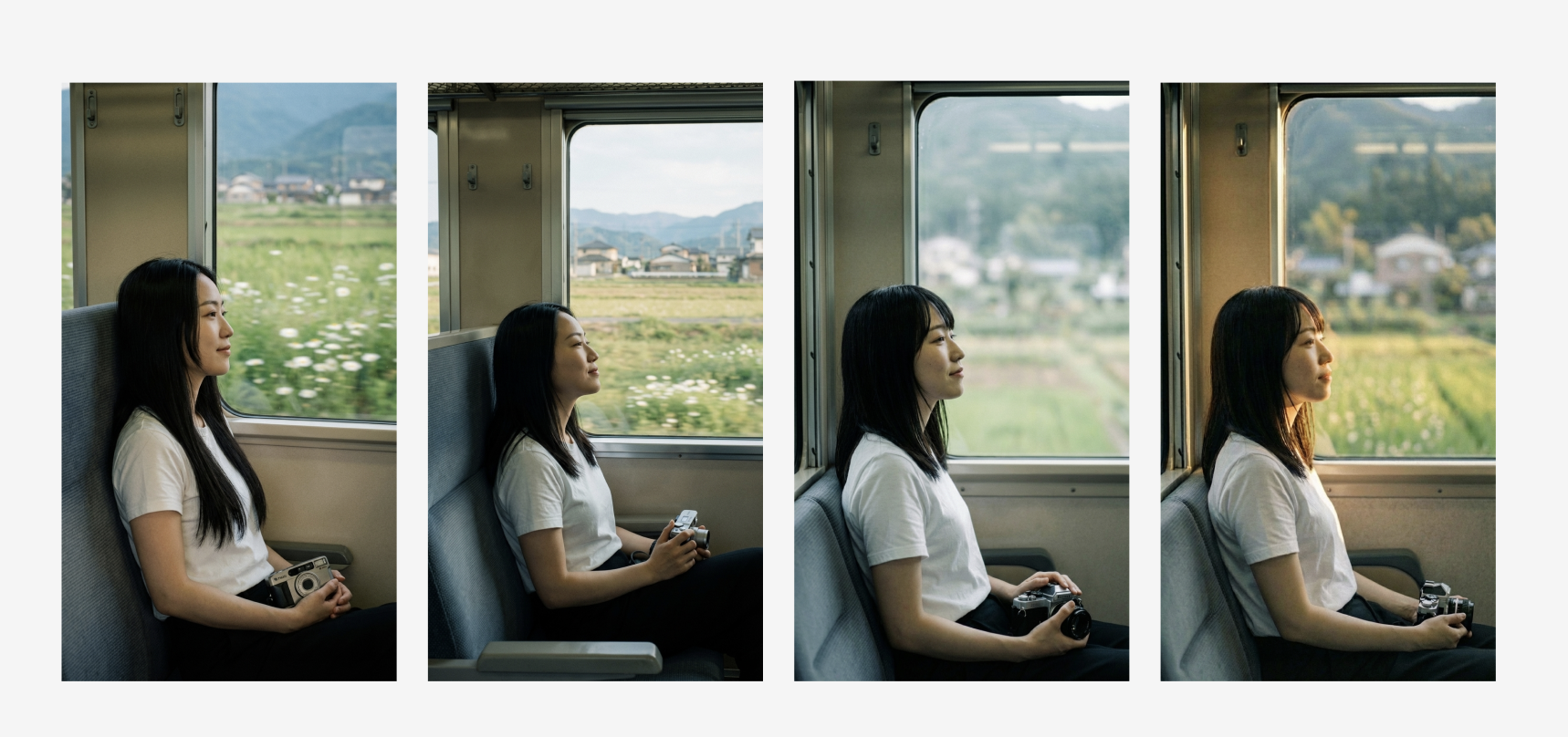 Different versions of girl against train window.