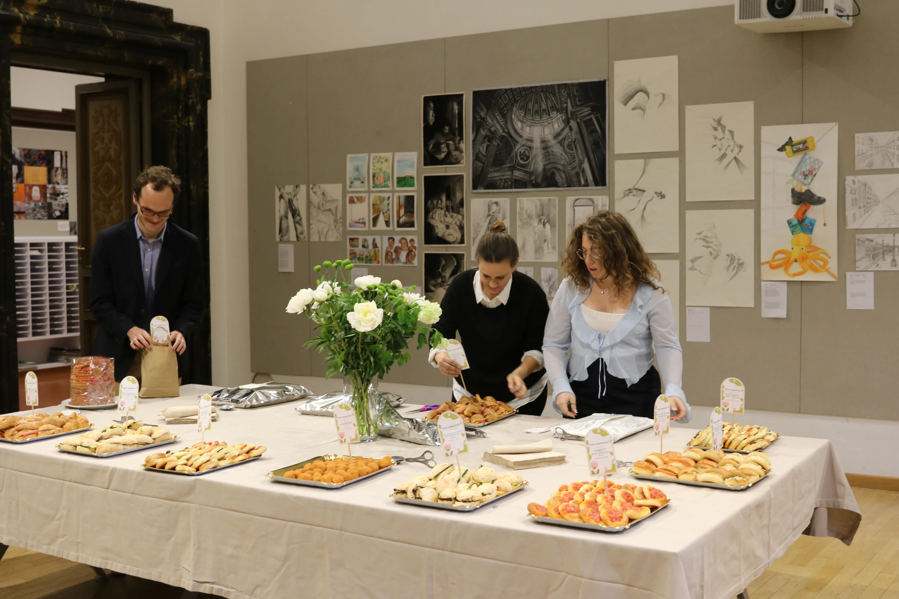 Catered pizza and snacks.