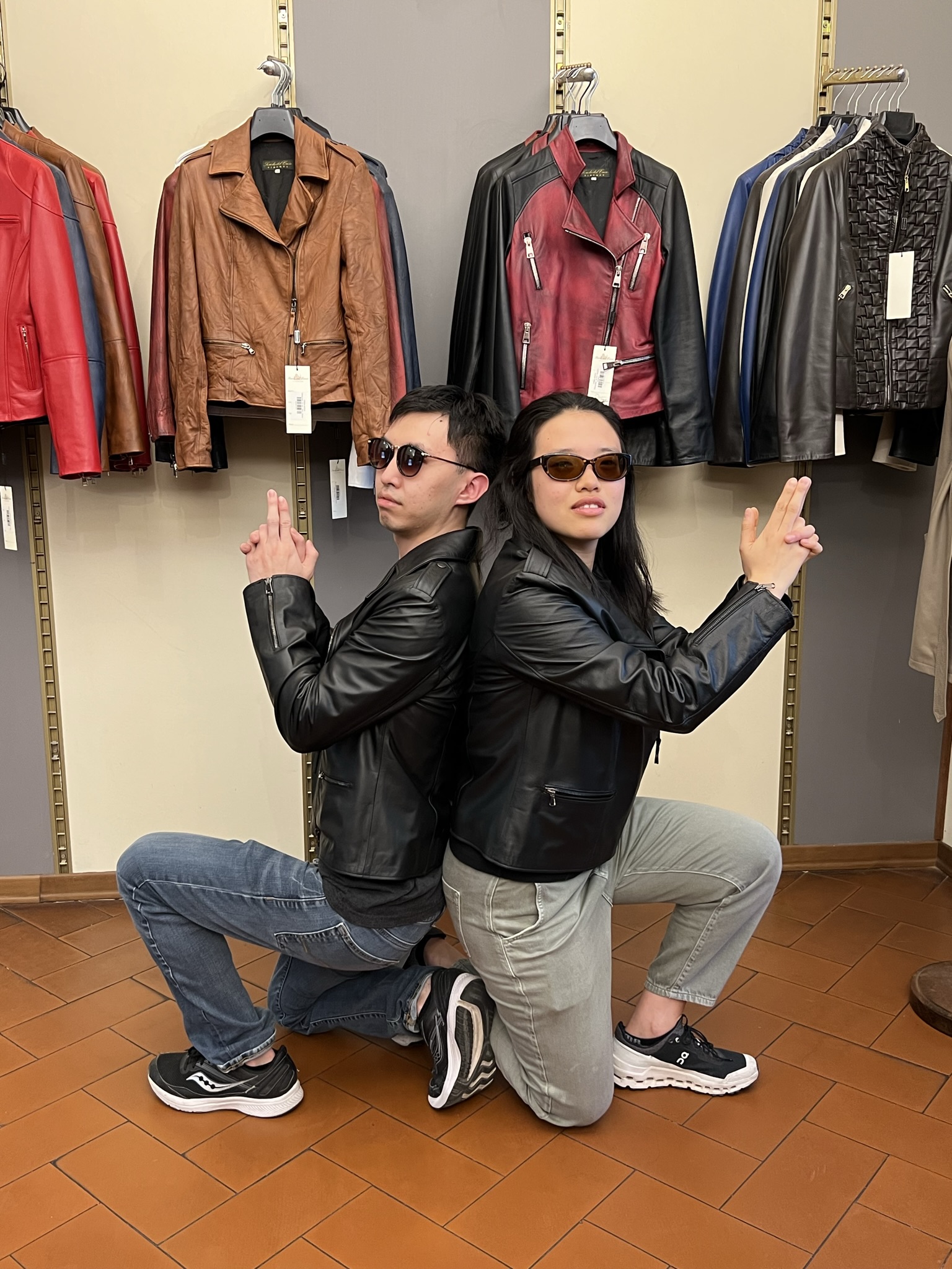 Goofing around in Florentine leather jackets